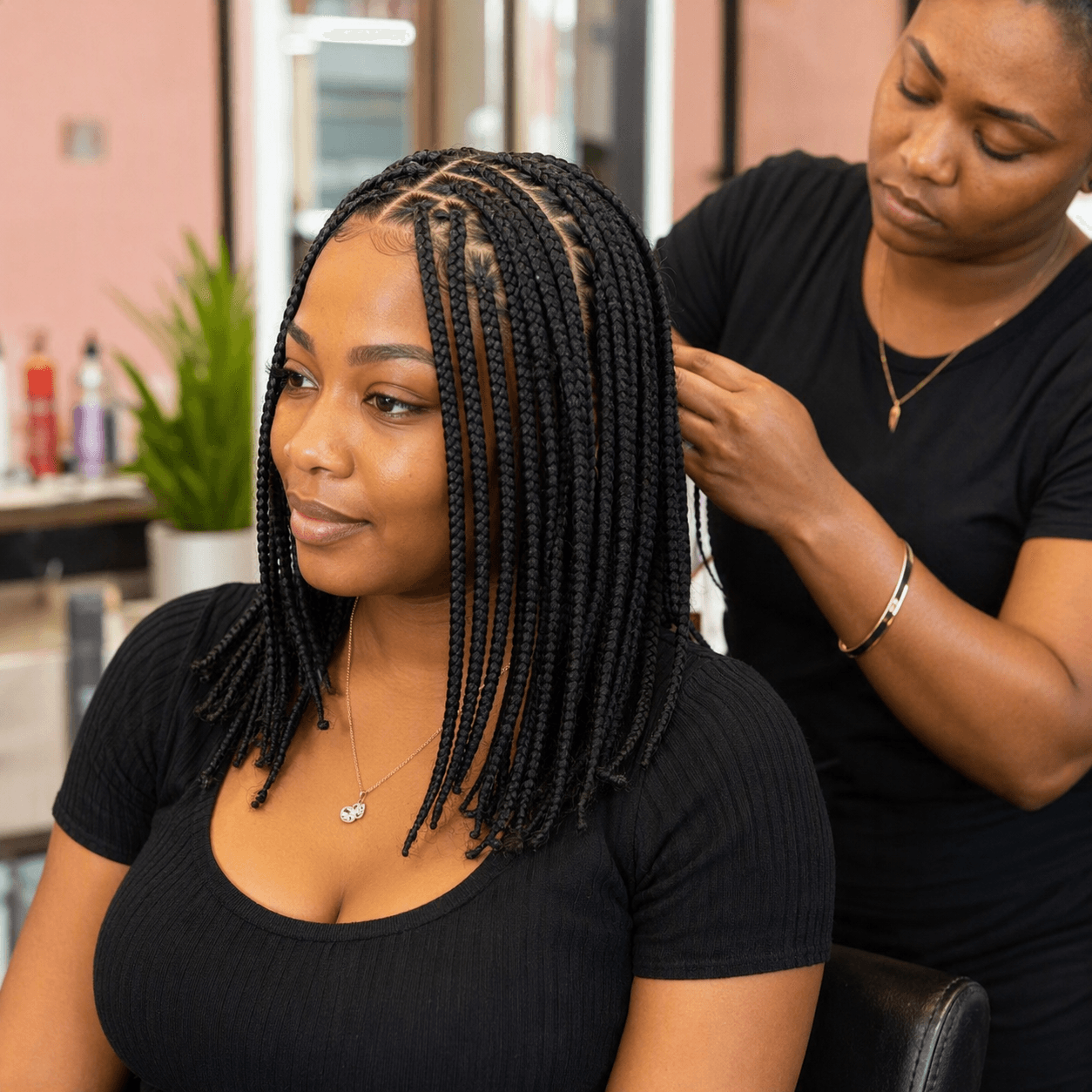 Professional braids being styled by a salon technician