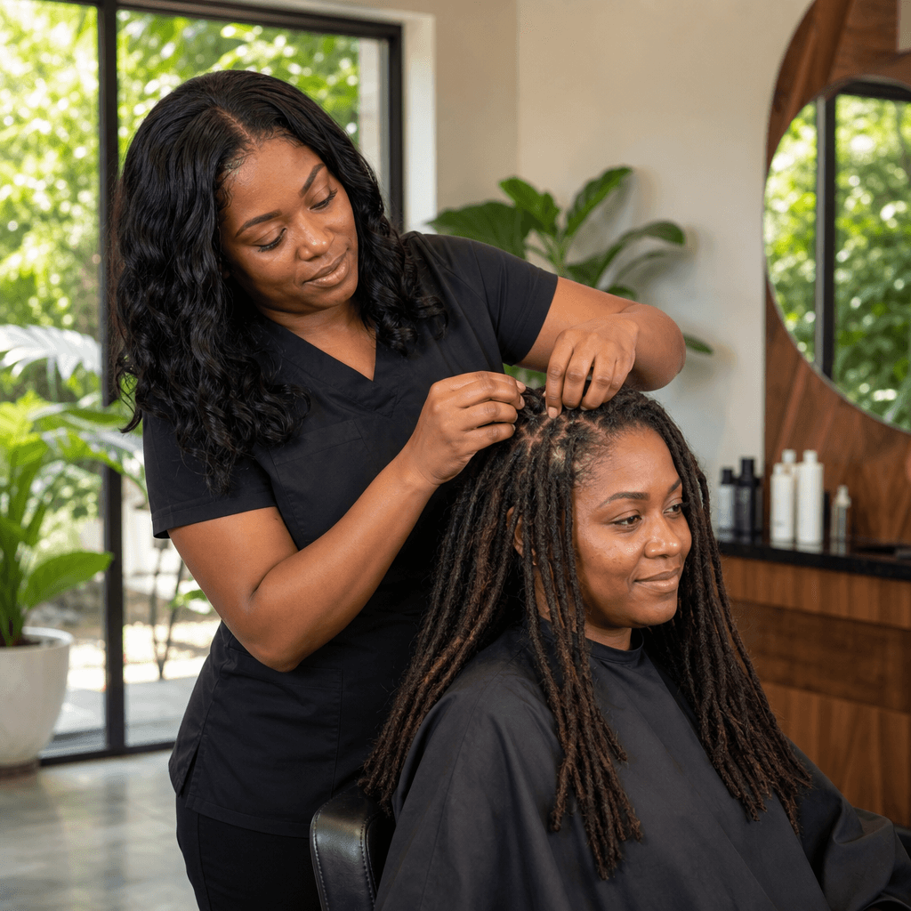 Loc technician performing professional loc maintenance and retwisting